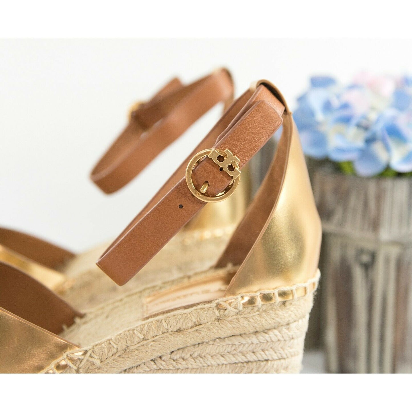Tory Burch Selby 105MM Old Gold Calf Leather Platform Espadrille Wedge Heels 9.5