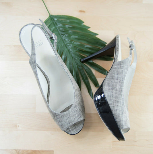 Stuart Weitzman Grey Linen Black Patent Leather Slingback Platform Heels 10 EUC