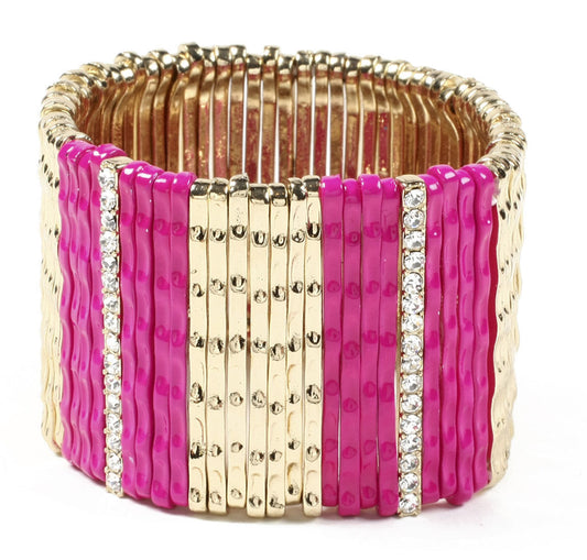 Amrita Singh Gold Crystal Pink Enamel Mercer Street Stretch Bracelet NWT