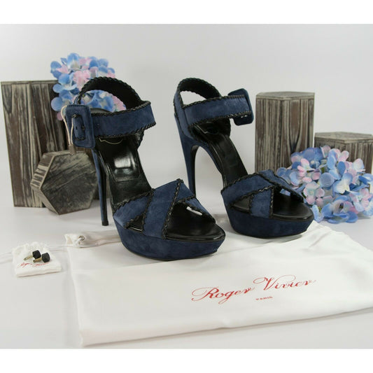 Roger Vivier Electric Blue Suede Lacey Whipstitch Platform Heels Size 40 10 NIB