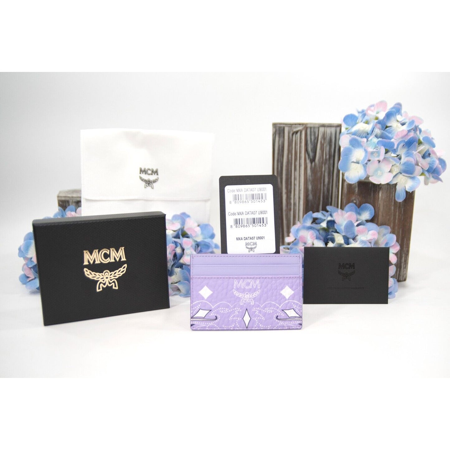 MCM Purple Rose Bandana Stud Visetos Leather Card Case Holder NWT