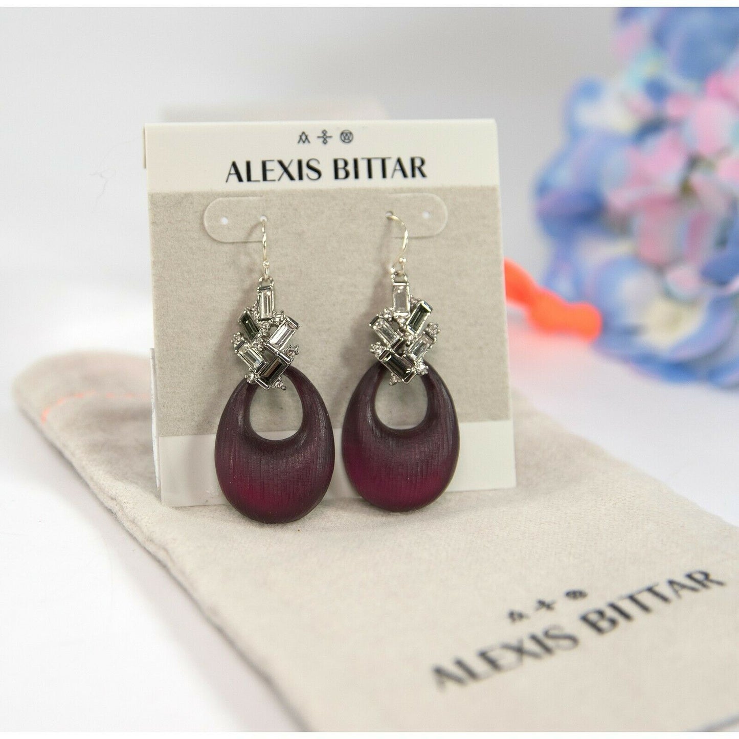 Alexis Bittar Gunmetal Baguette Cluster Black Cherry Lucite Drop Earrings NWT