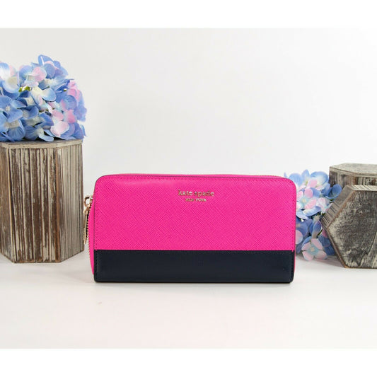 Kate Spade Shocking Magenta Navy Leather Spencer Zip Around Lacey Wallet NWT