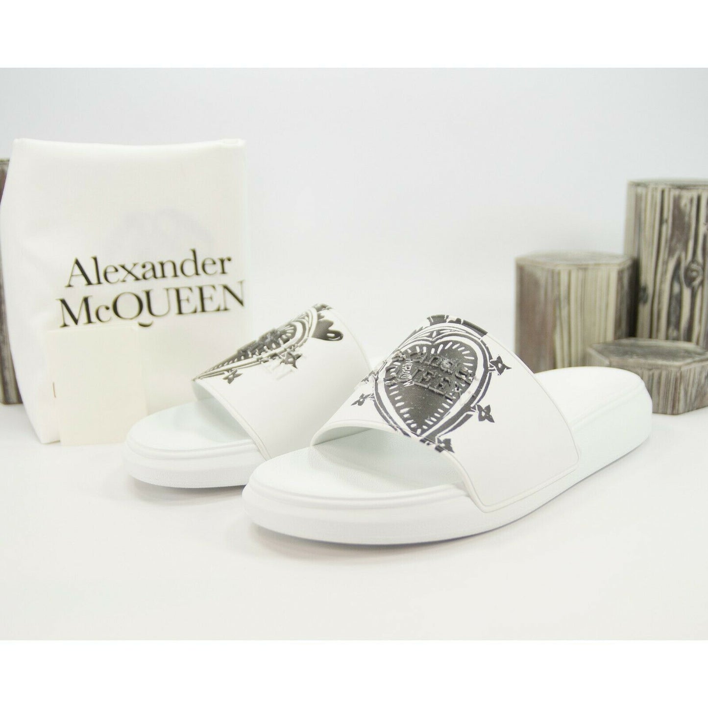 Alexander McQueen Mens White Heart Logo Leather Rubber Pool Slides 45 12 NIB