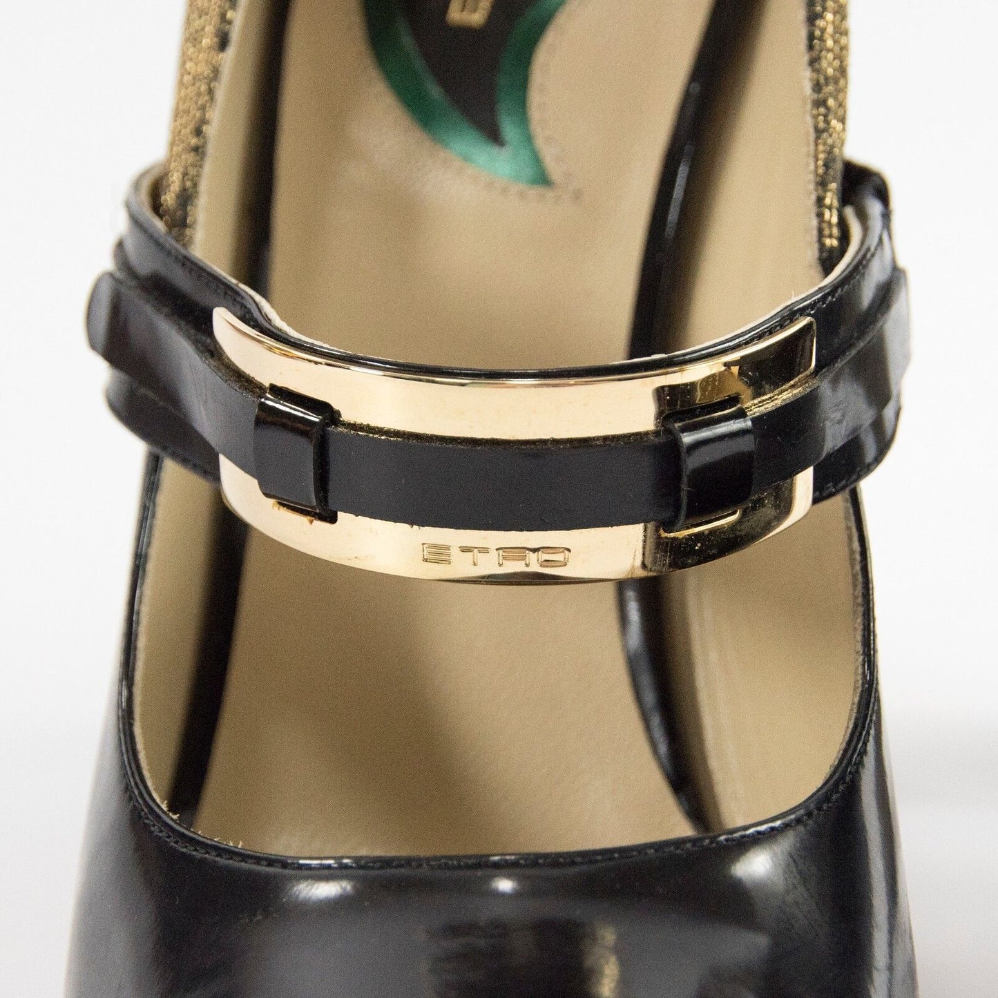 Etro RUNWAY Gold Metallic Black Leather Mary Jane Pointed Toe High Heels 9 39