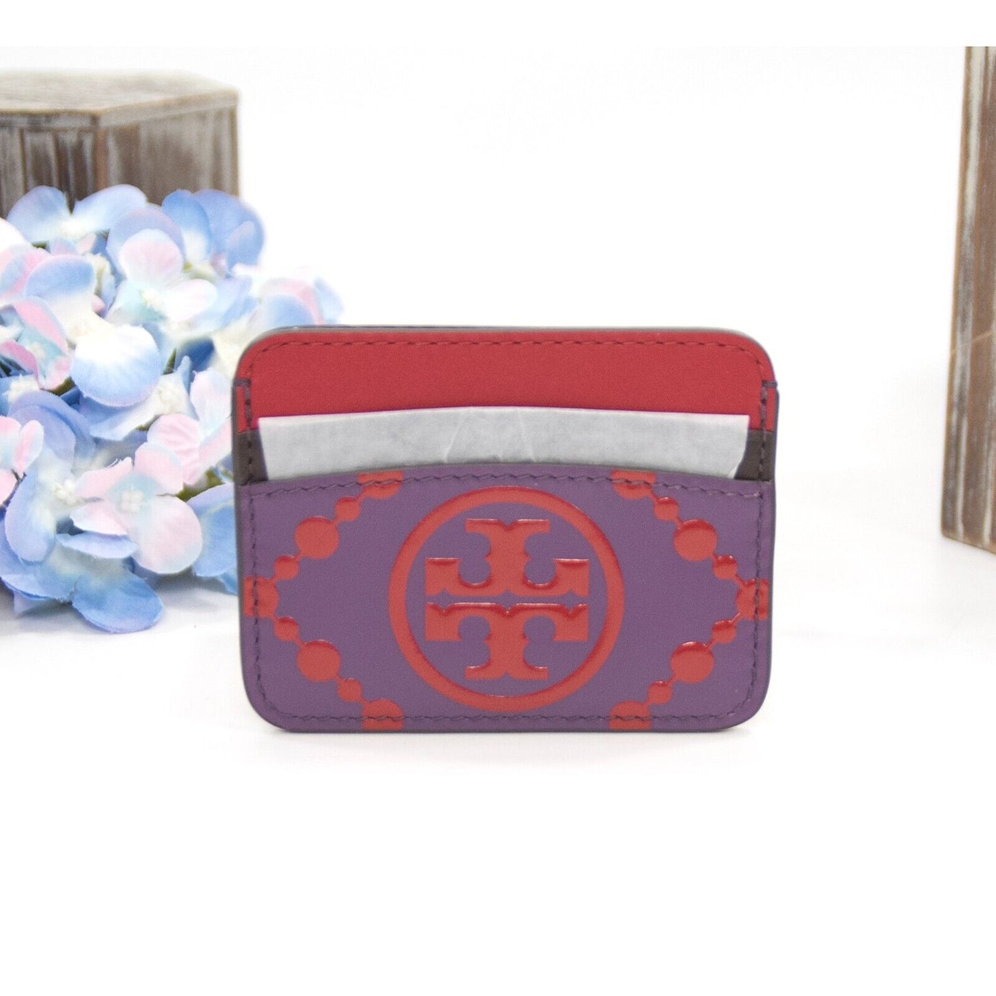 Tory Burch Wild Thistle Red Leather Colorblock Logo Card Case Mini Wallet NWT