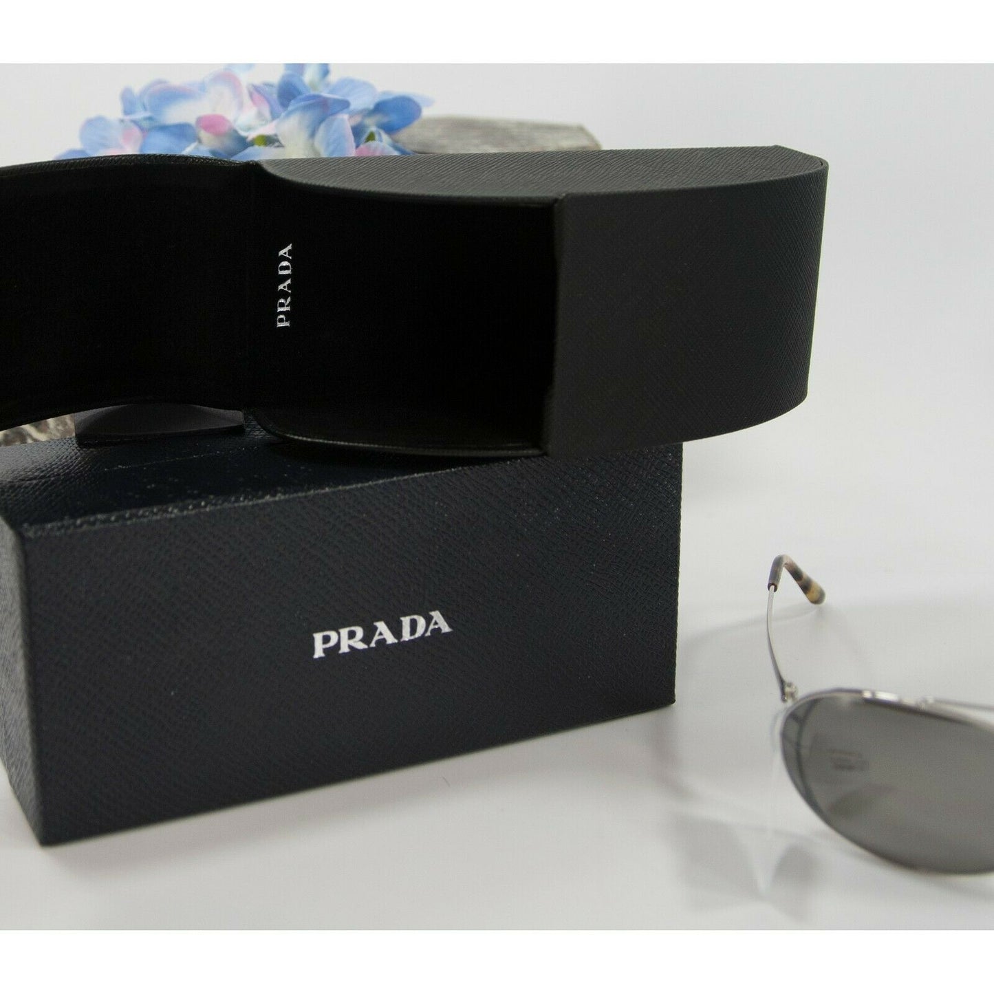 Prada SPR 66V Silver Thin Frame Polarized Metal Aviator Logo Sunglasses NWT Case