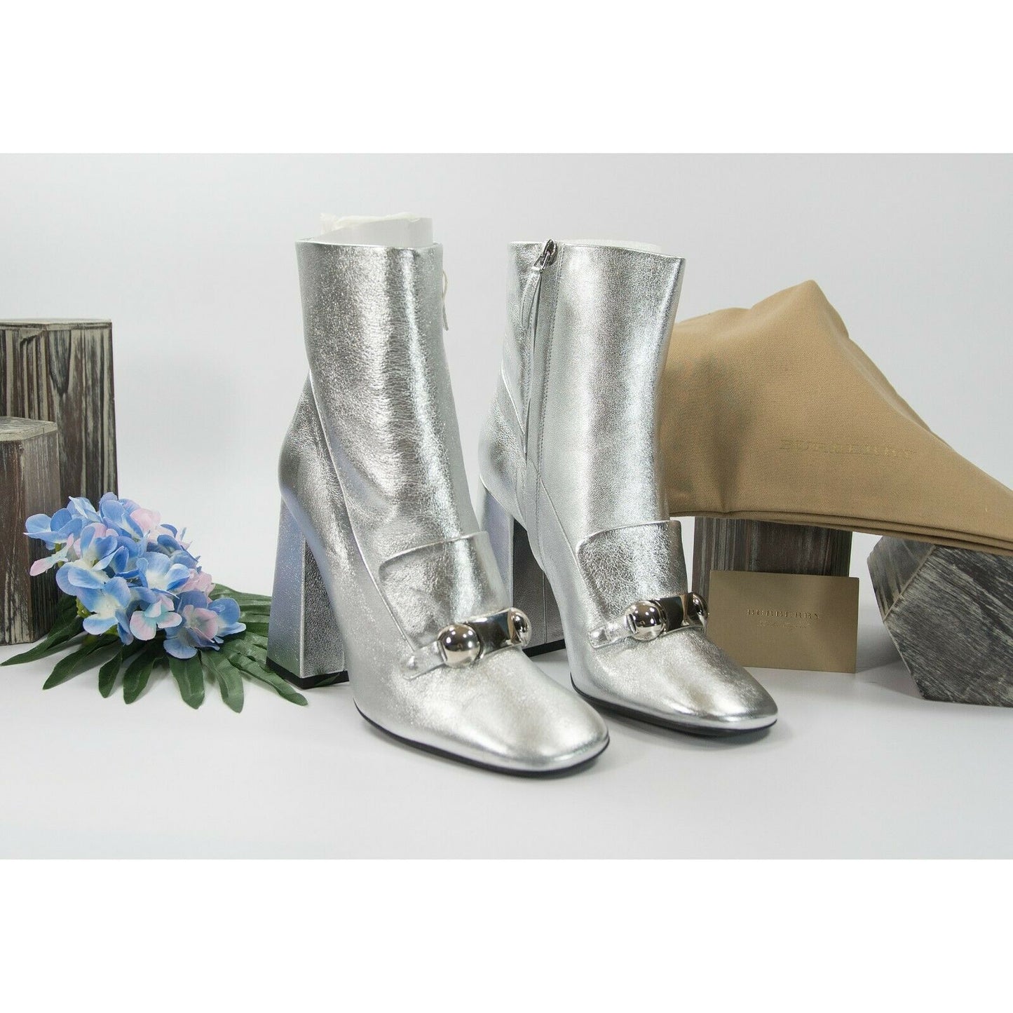 Burberry Metallic Silver Leather Brabant Zip Ankle Booties Boots Size 39.5