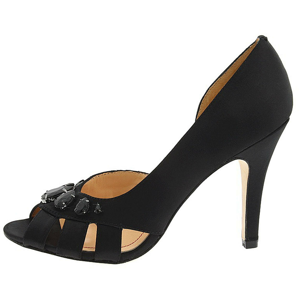 Pour La Victoire Jamison Jeweled Black Satin Leather D'Orsay Cut Out Heels 9
