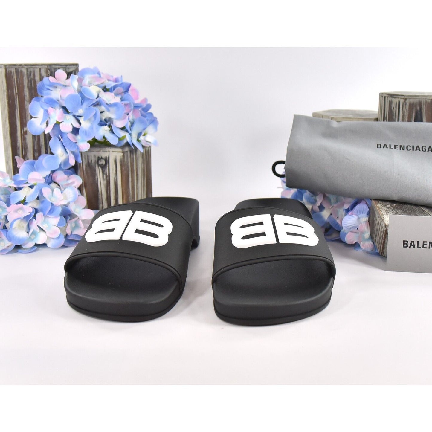 Balenciaga BB Black Rubber Wedge Slide Sandals Size 39 NIB