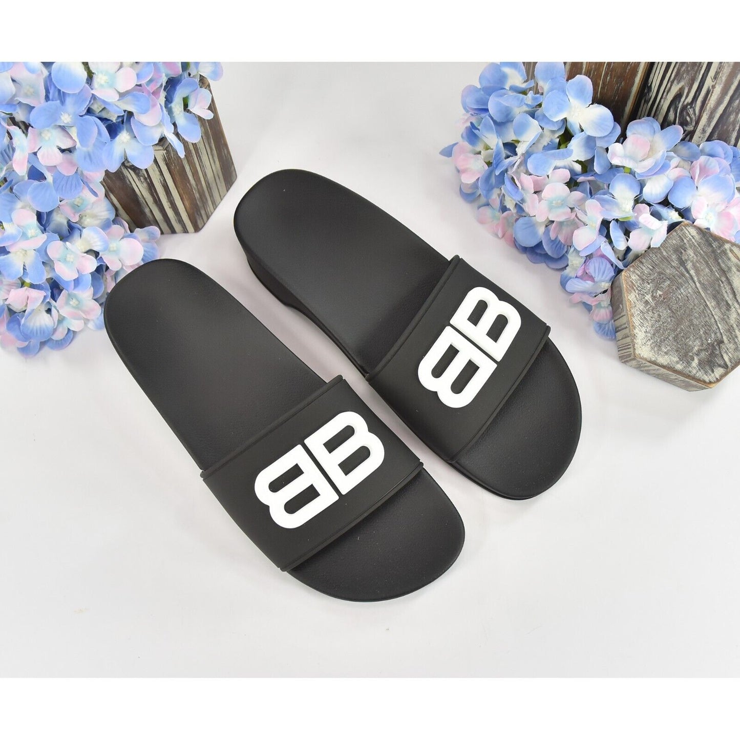 Balenciaga BB Black Rubber Wedge Slide Sandals Size 38 NIB