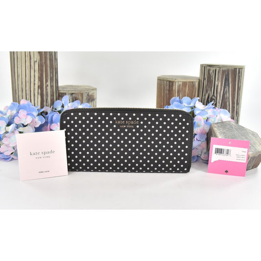 Kate Spade Black Silver Metallic Dot Leather Spencer Zip Around Lacey Wallet NWT
