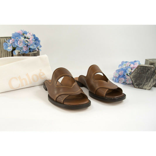Chloe Brown Leather Gail Cut Out Flat Mules Slides Sz 38 NIB