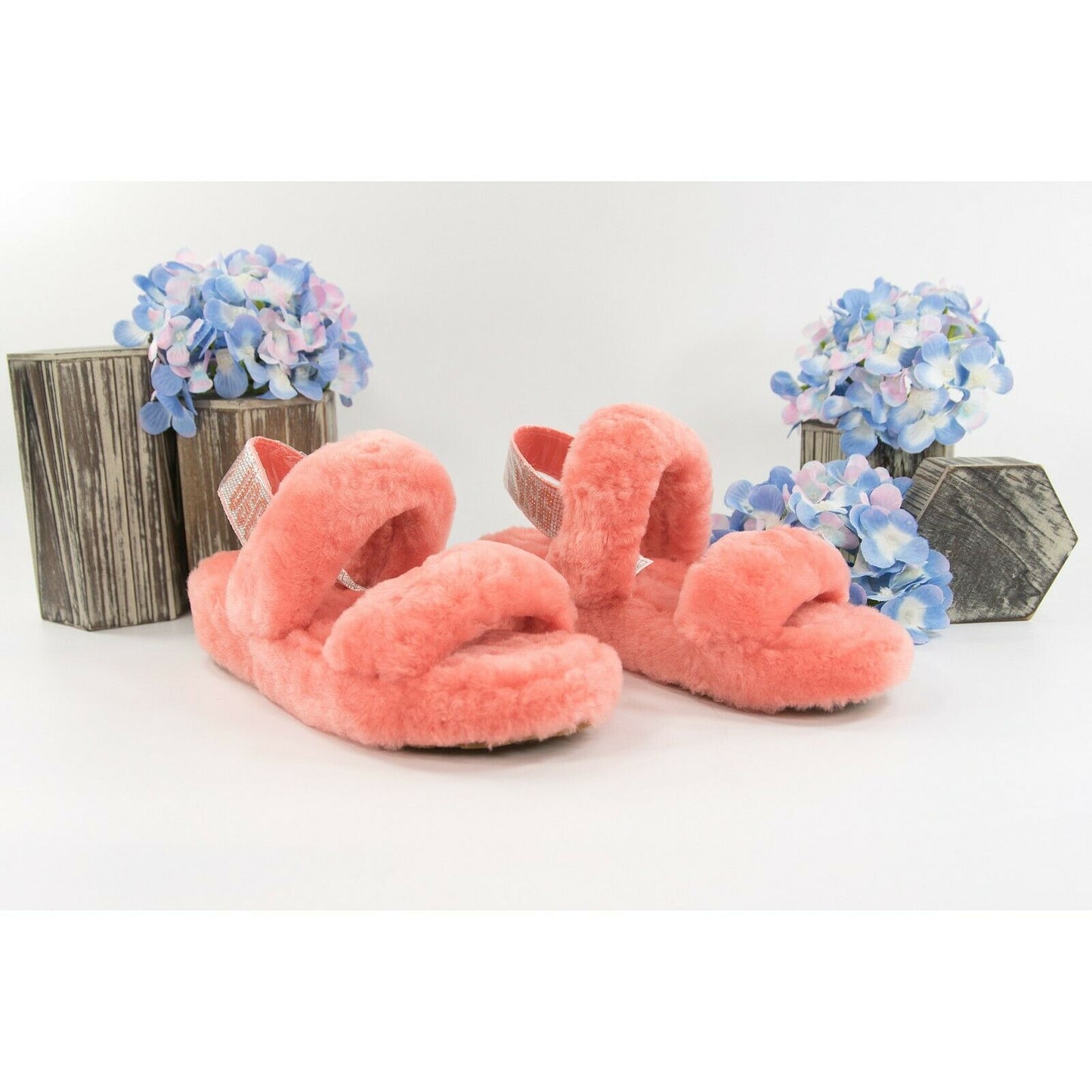 UGG Fluff Oh Yea Coral Bling Sheepskin Fur Slippers Slides Sandals Sz 6 NIB