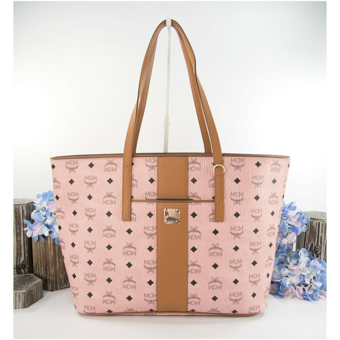 MCM Anya Baby Pink Visetos Logo Stripe Large Tote Bag NWT – Design Her  Boutique