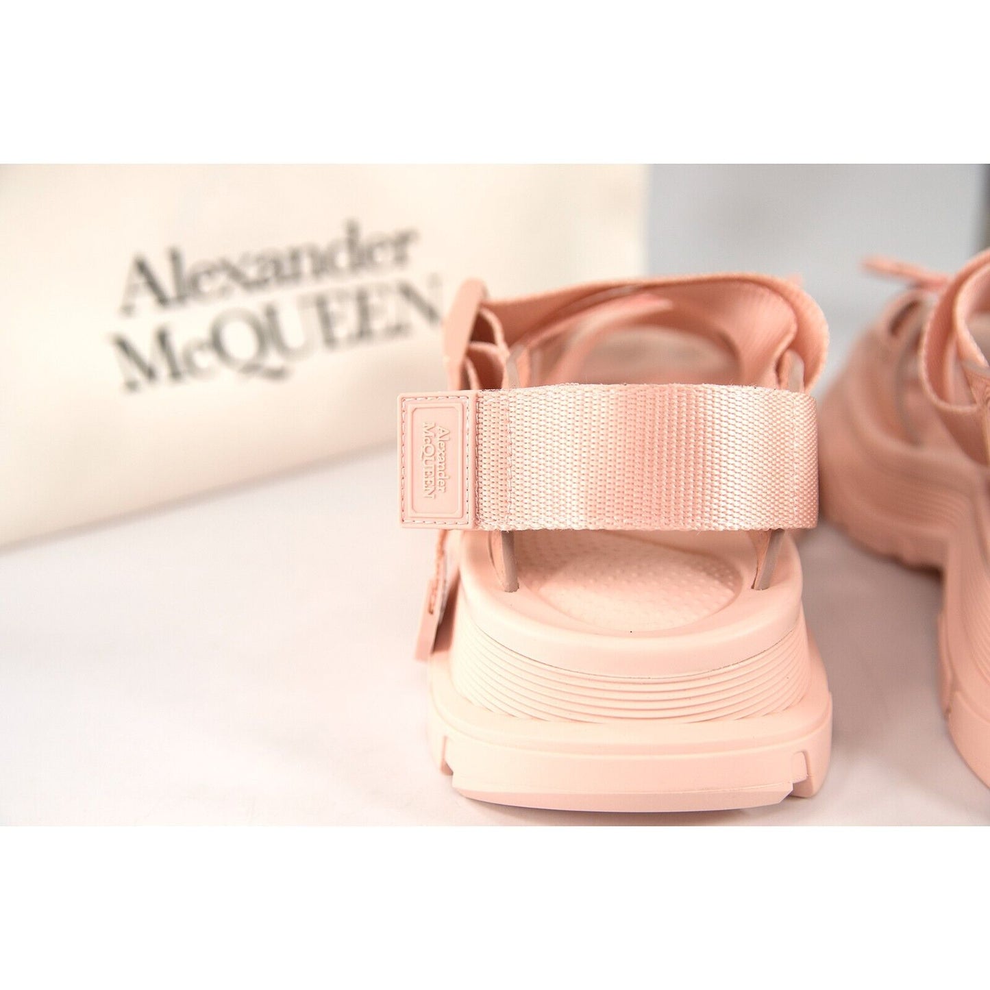 Alexander McQueen Shell Peach Hybrid Tech Leather Webbing Sandals 37 NIB