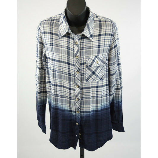 Tolani Emma Plaid Blue Viscose Dip Dye Button Down Blouse NWT $295