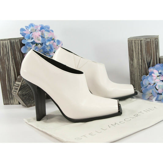 Stella McCartney White Faux Vegan Leather Square Toe Bootie Heels Size 37 7 NIB