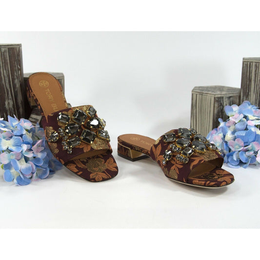 Tory Burch Martine Burgundy Gold Floral Jacquard Jeweled Flats Slides Sz 6 NIB