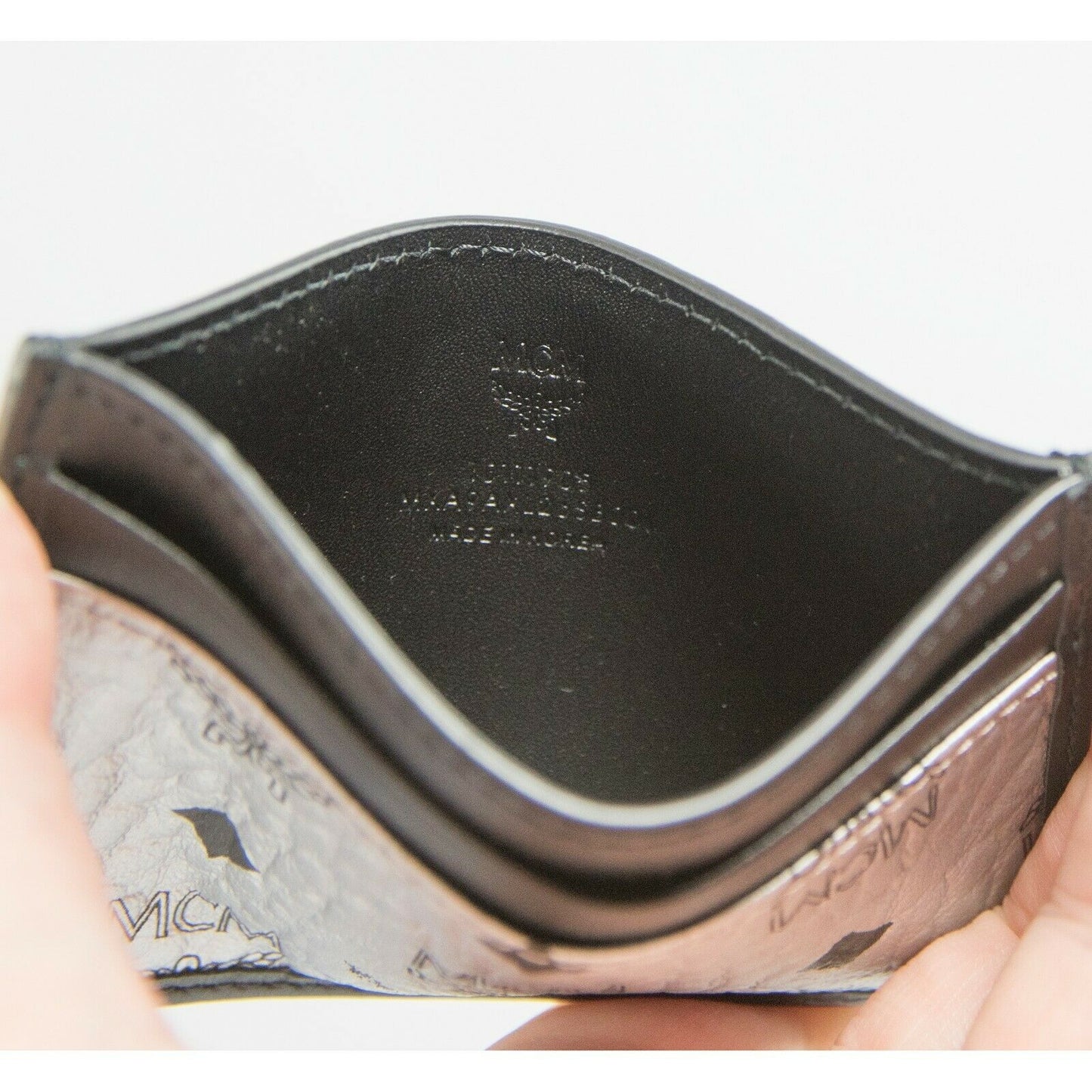 MCM Monogram Spot Viseto Black Silver Leather Card Case Holder NWT