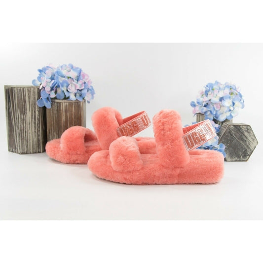 UGG Fluff Oh Yea Coral Bling Sheepskin Fur Slippers Slides Sandals Sz 6 NIB