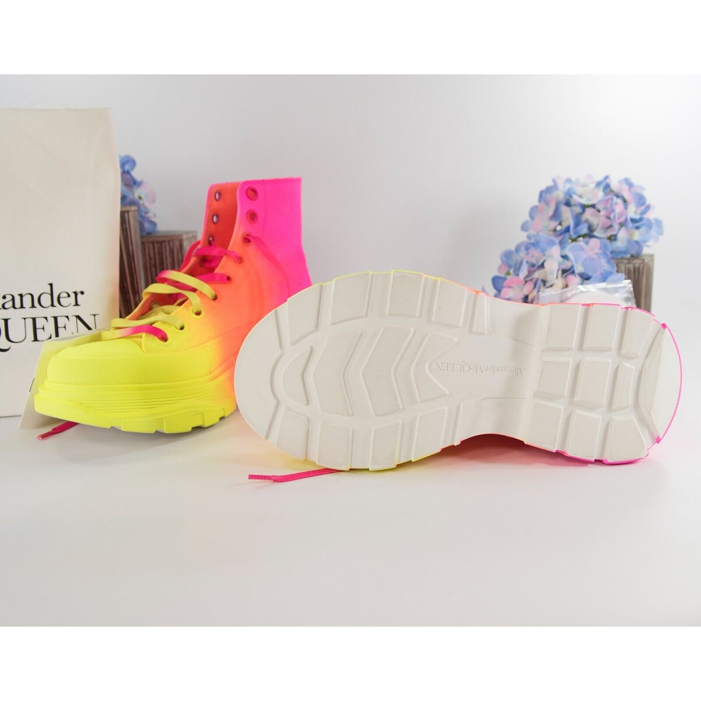 Alexander McQueen Lt Edition Tread Slick Neon Coated High Top Sneakers 37 NIB