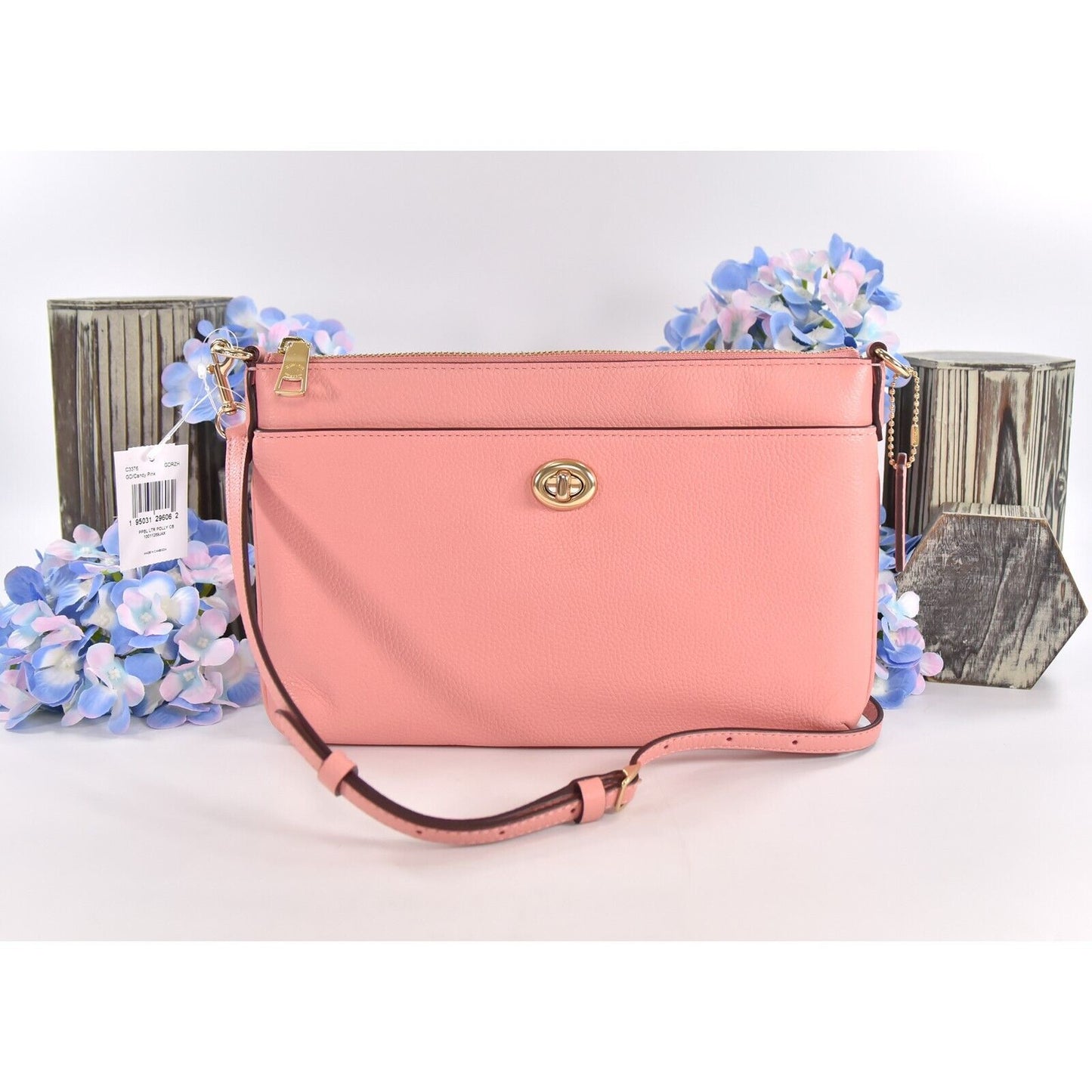 Coach Polly Candy Pink Pebbled Leather Turnlock Slim Crossbody Bag NWT