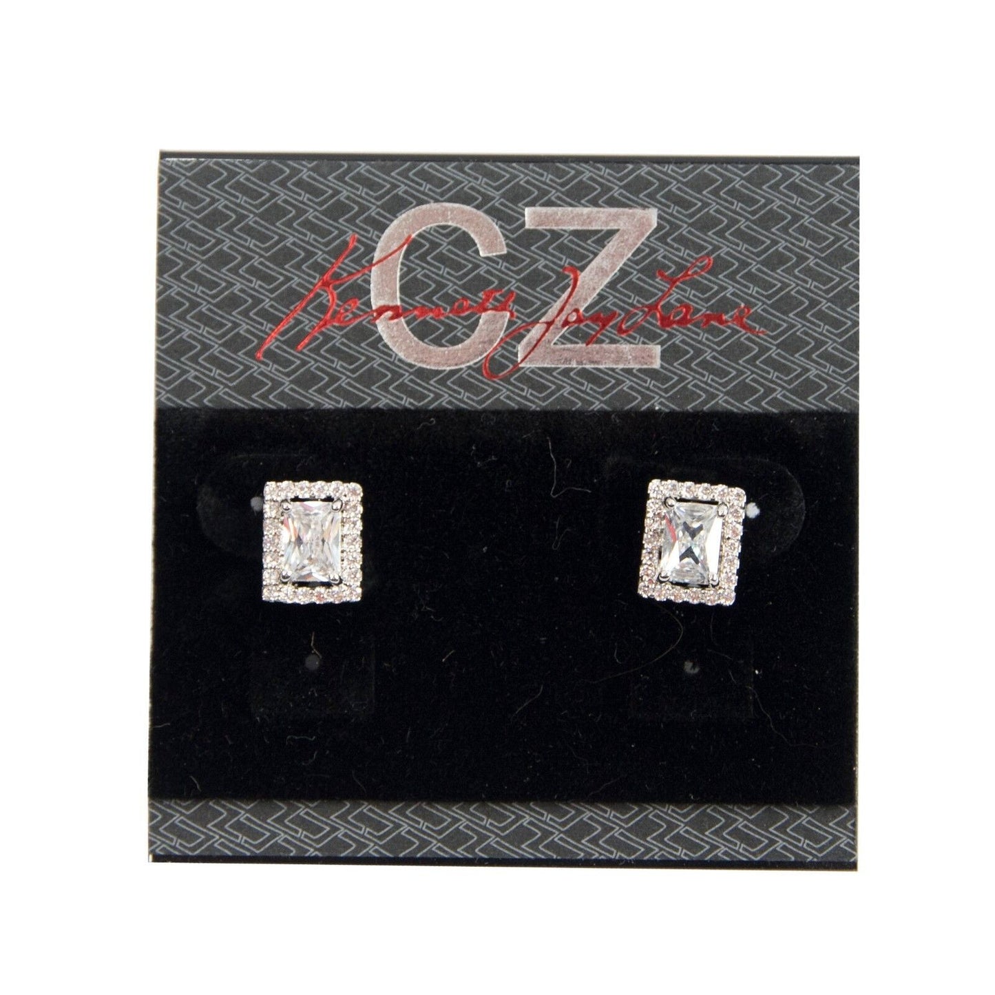 CZ Kenneth Jay Lane Rhodium Framed Emerald CZ Stud Earrings NWT