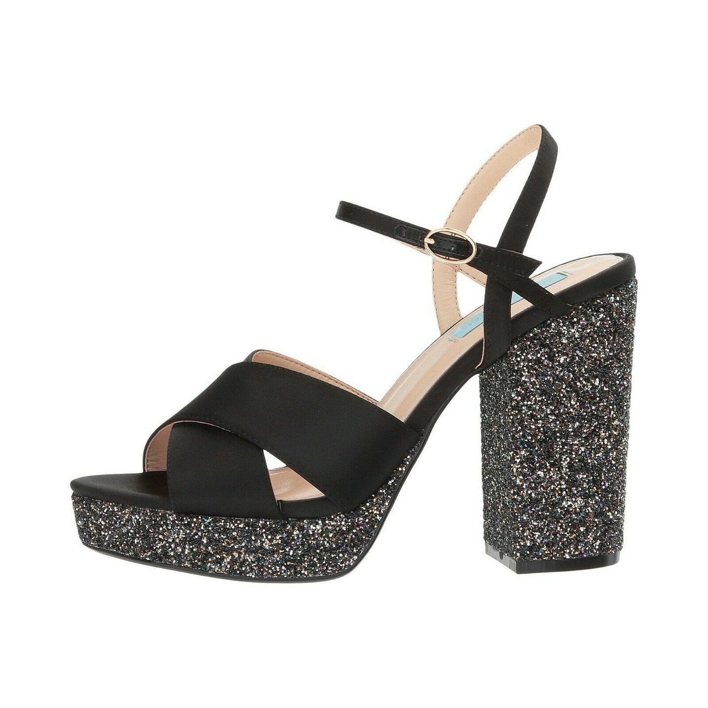 Betsey Johnson Ollie Black Satin Chunky Glitter Ankle Strap Platform Heels 6 NIB