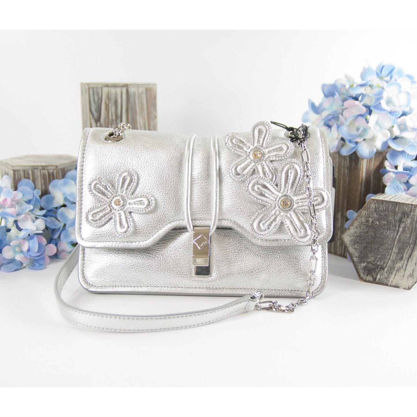 MCM Silver Leather Run Candy Small Crystal Flower Small Flap Shoulder Bag NWT