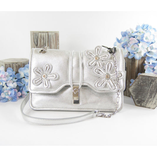 MCM Silver Leather Run Candy Small Crystal Flower Small Flap Shoulder Bag NWT