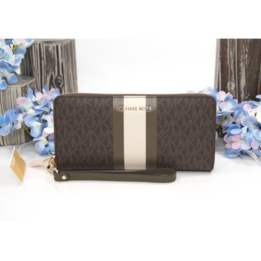 Michael Kors Olive Stripe Brown Monogram Zip Around Travel Wallet Wristlet NWT