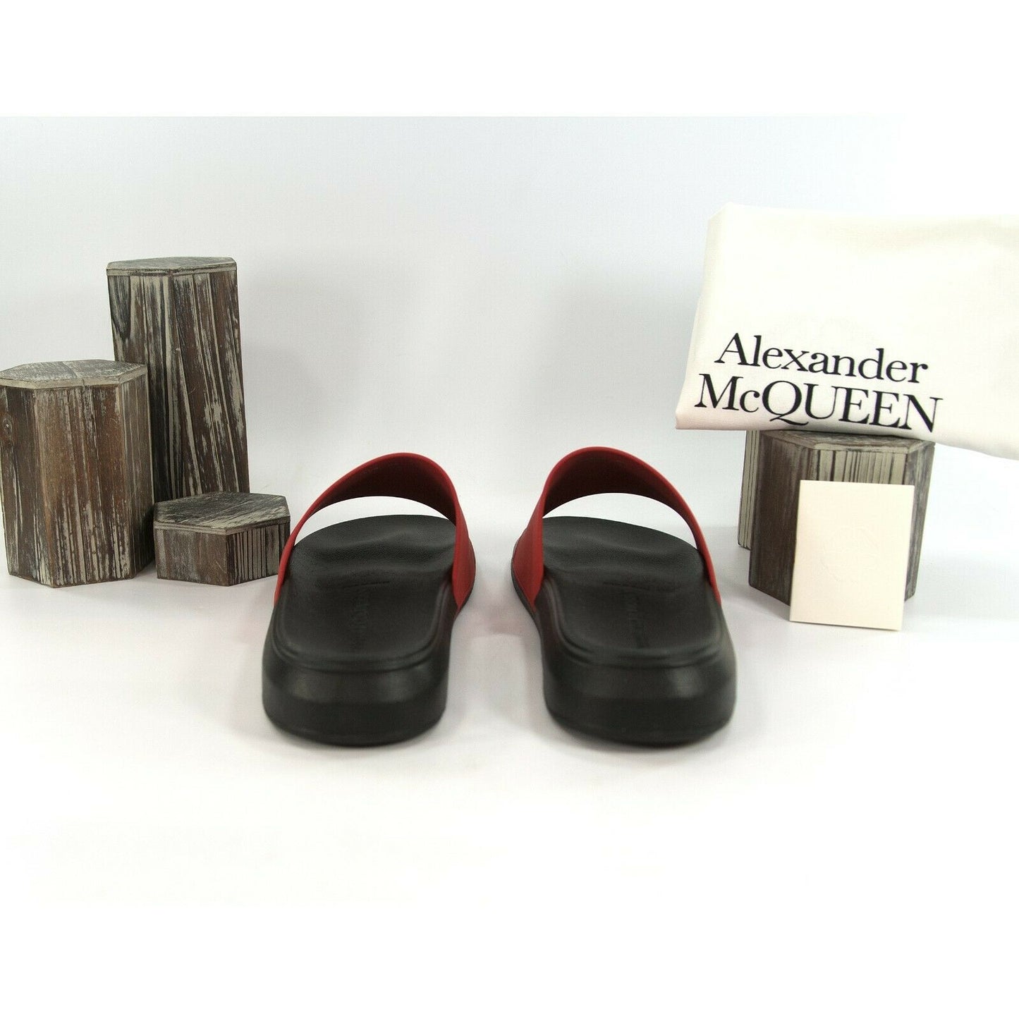 Alexander McQueen Mens Lust Red Black Debossed Logo Rubber Pool Slides 45 12 NIB