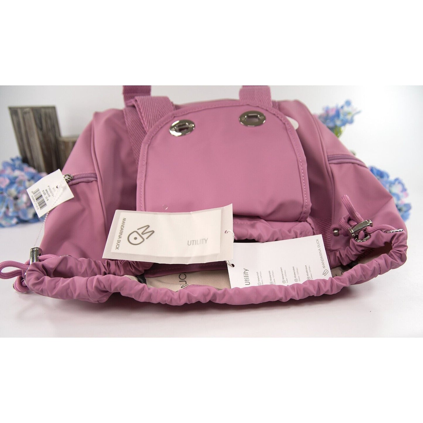 Mandarina Duck Mauve Pink Drawstring Utility Large Backpack Book Bag NWT