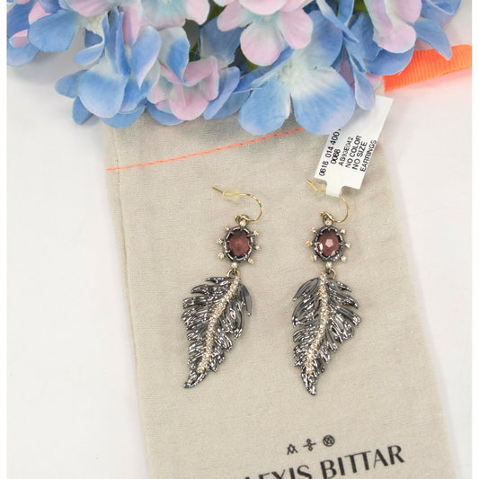 Alexis Bittar Gold Gunmetal Crystal Modern Georgian Feather Drop Earrings NWT