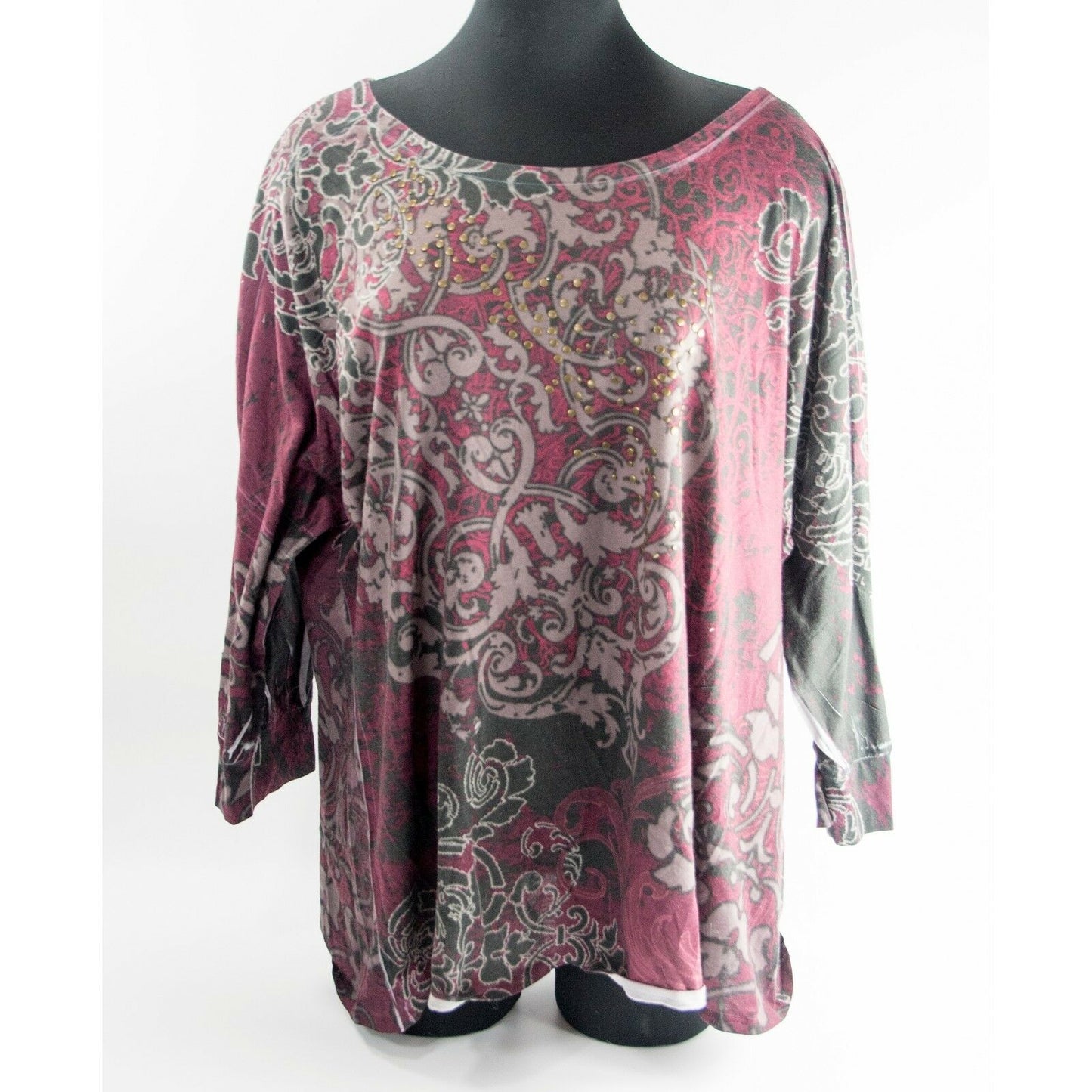 Avenue Wine Grey Swirl Floral Graphic Studded Long Sleeve Knit Shirt 18 20 Plus
