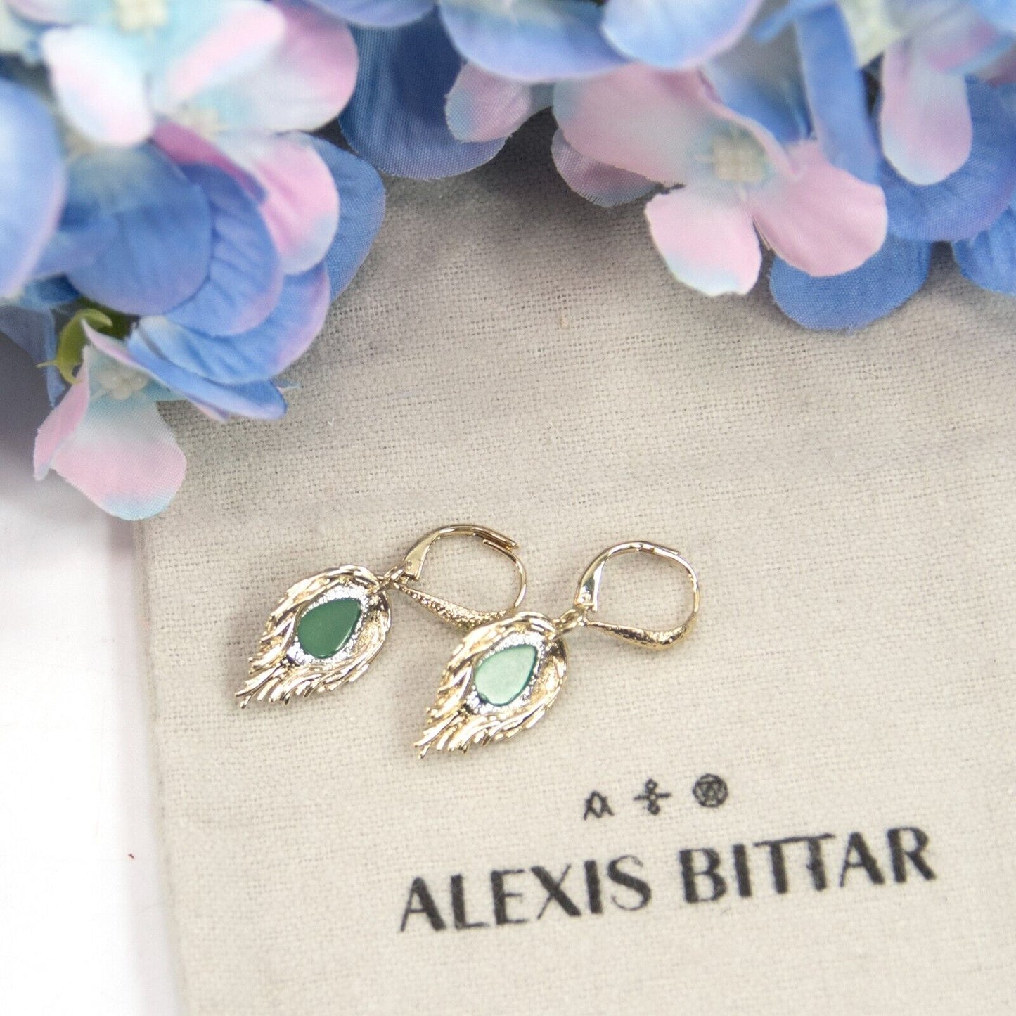 Alexis Bittar Feather Green Chalcedony Crystal Gold Drop Earrings NWT
