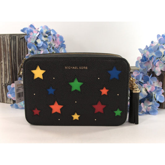 Michael Kors Black Leather Rainbow Star Cut Out Ginny Camera Crossbody NWT