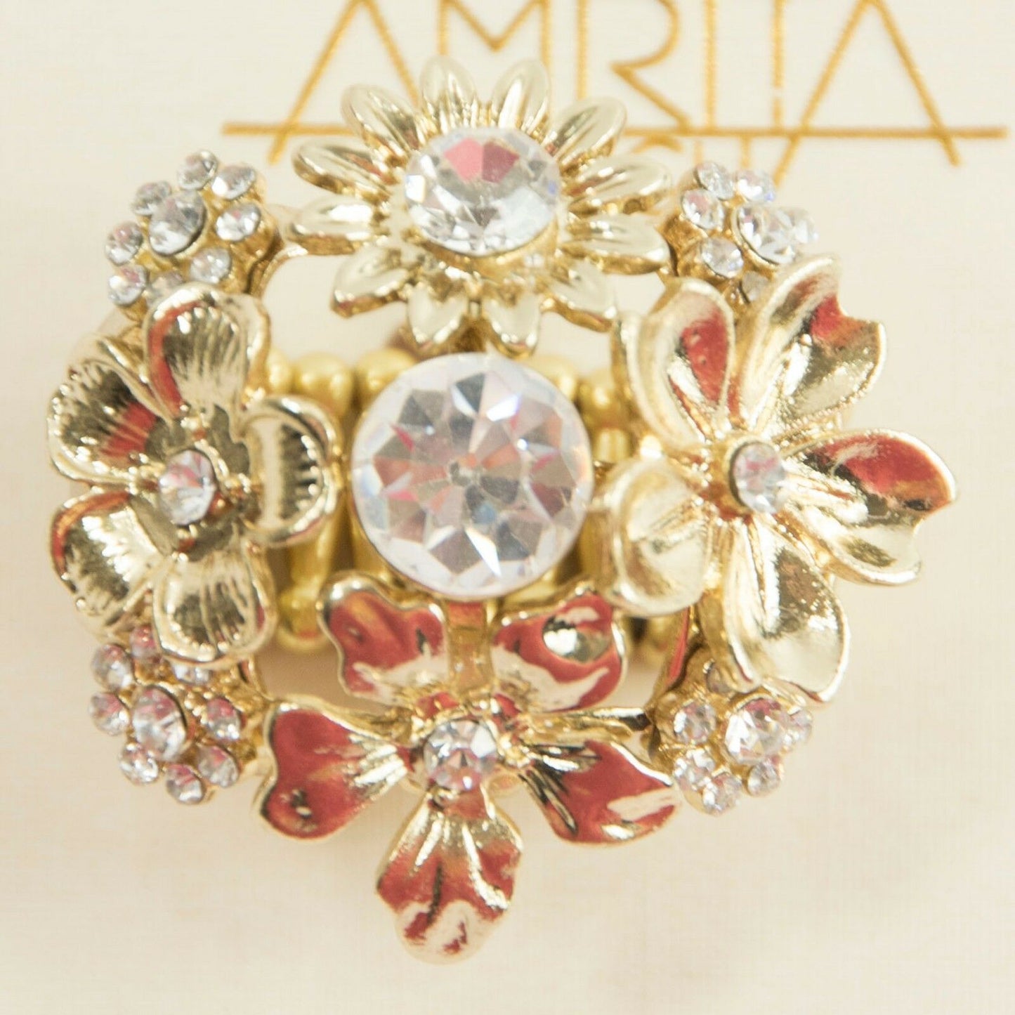 Amrita Singh Gold Crystal Flower Cluster Stretch Cocktail Ring RC 49 NWT