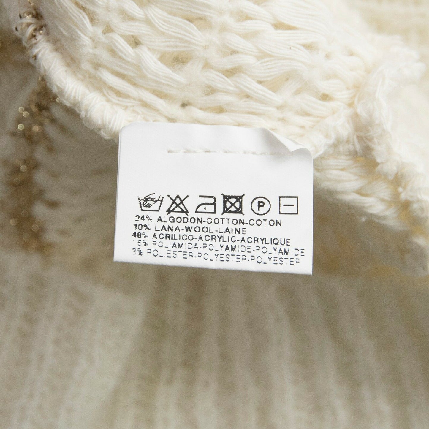 Desigual Wool V Neck Metallic Gold Cream Open Knit Plunge Front Sweater L NWOT