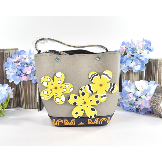MCM Yellow Grey Goatskin Mini Upcycling Project Flower Milano Drawstring Bag NWT