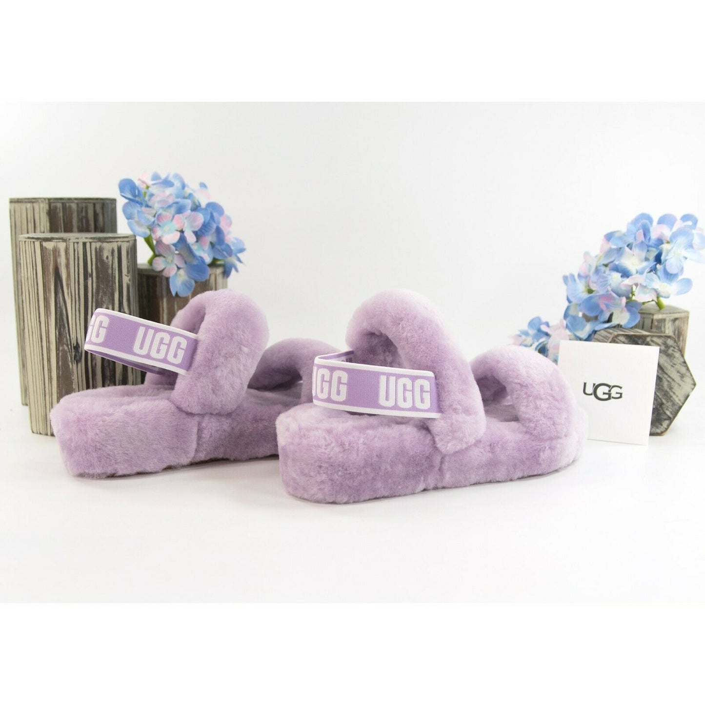 UGG Fluff Oh Yea Lilac Purple Sheepskin Fur Slippers Slides Sandals Sz 7 NIB