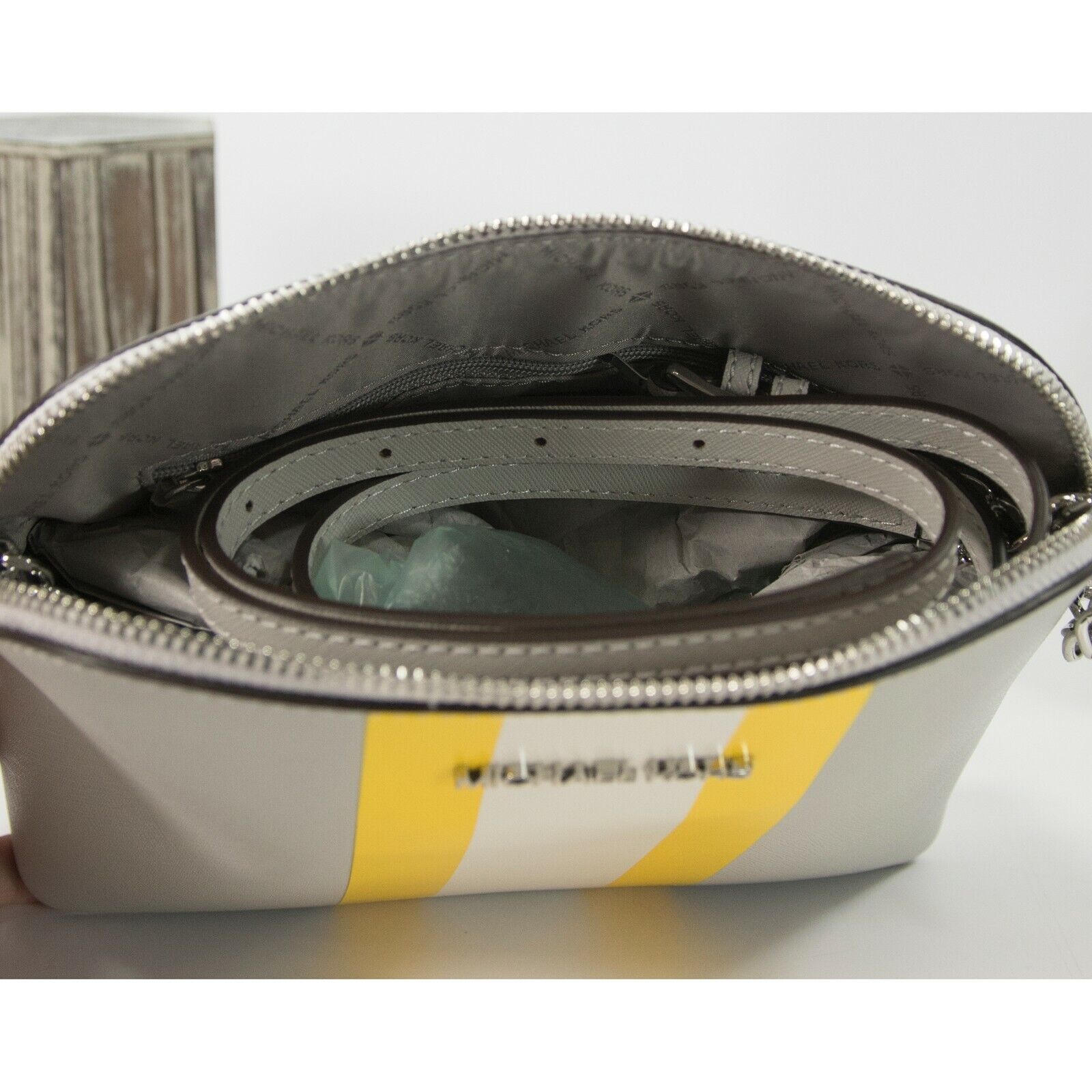 Michael Kors Aluminum Yellow Stripe Cindy Dome Crossbody Bag