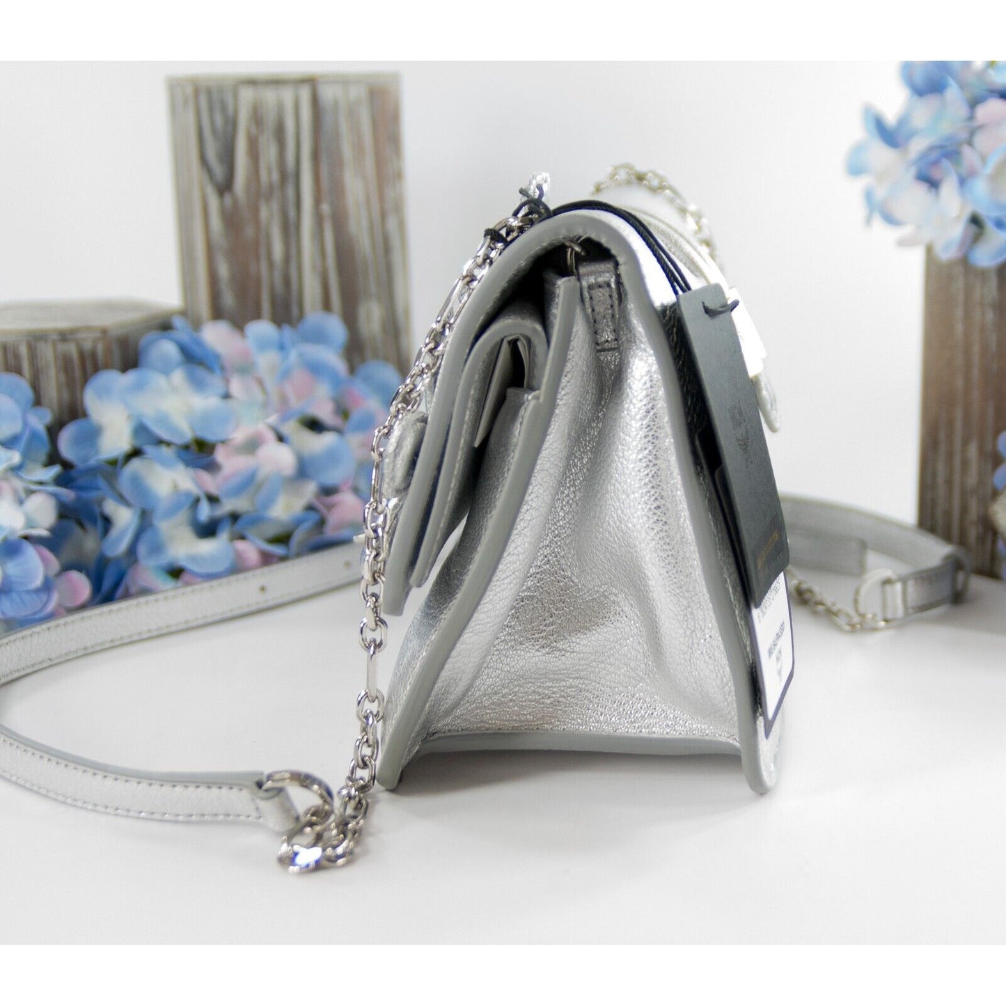 MCM Silver Leather Run Candy Small Crystal Flower Small Flap Shoulder Bag NWT