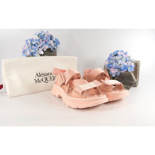 Alexander McQueen Shell Peach Hybrid Tech Leather Webbing Sandals 37 NIB