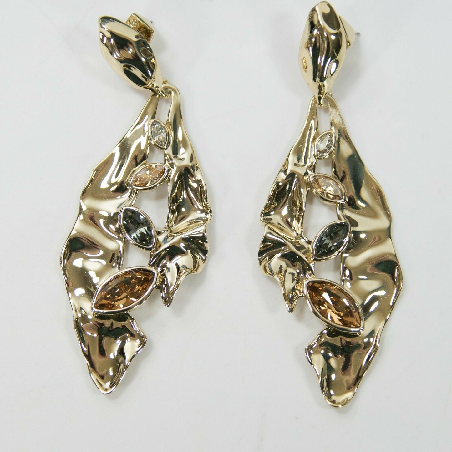 Alexis Bittar Stone Studded Crumpled Metal 14k Gold Plated Navette Earrings NWT