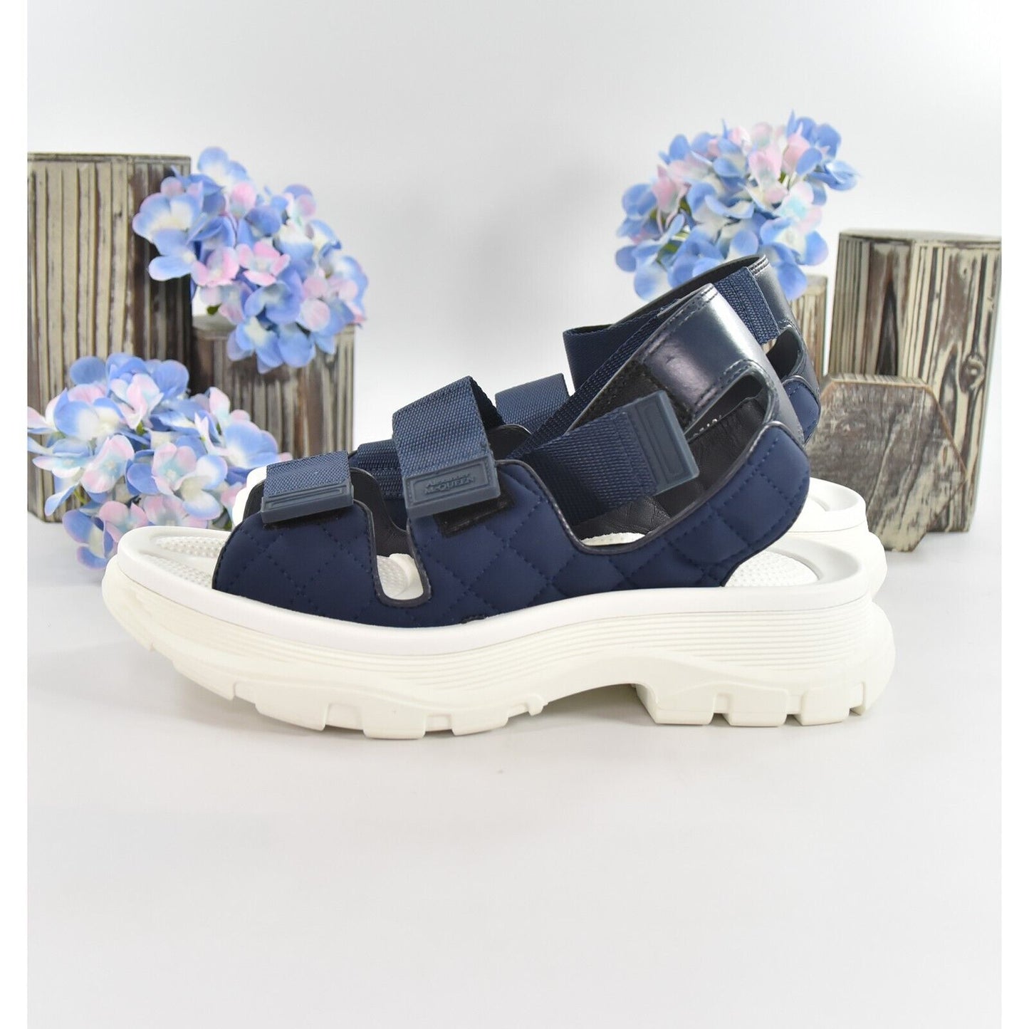 Alexander McQueen Navy White Hybrid Tech Leather Neoprene Sandals 39 NIB