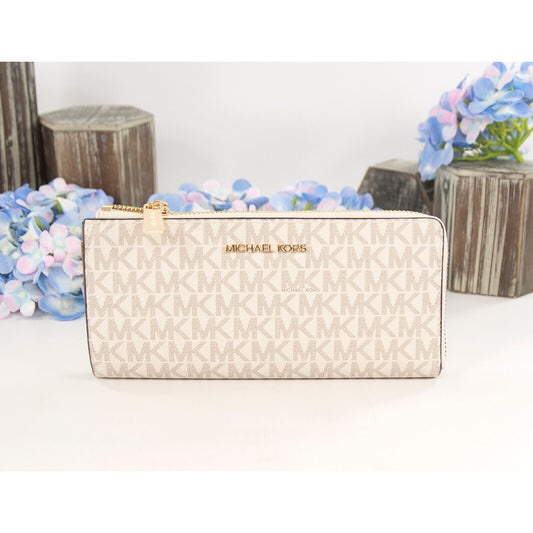 Michael Kors Vanilla Monogram Acorn Leather 3/4 Zip Around Lacey Wallet NWT