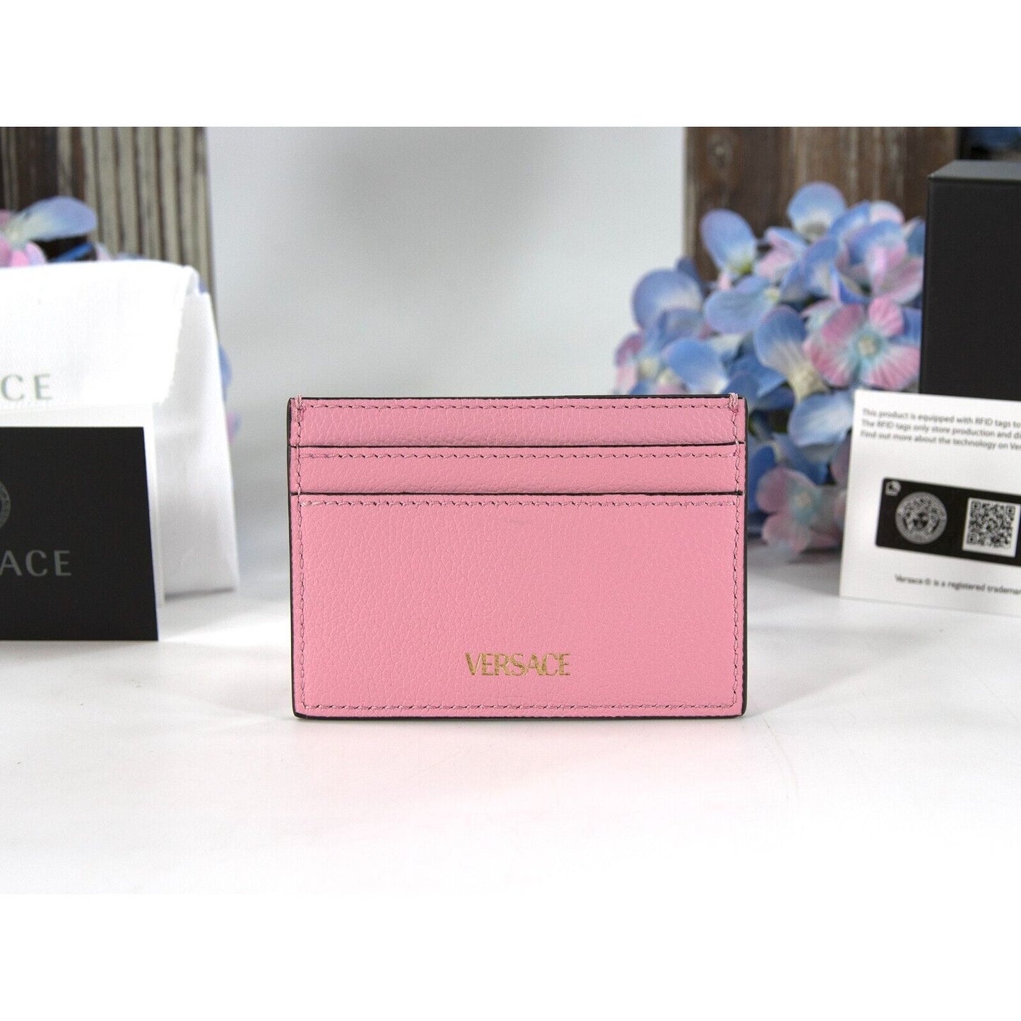 Versace Medusa Head Pink Gold Leather Card Case Holder NWT