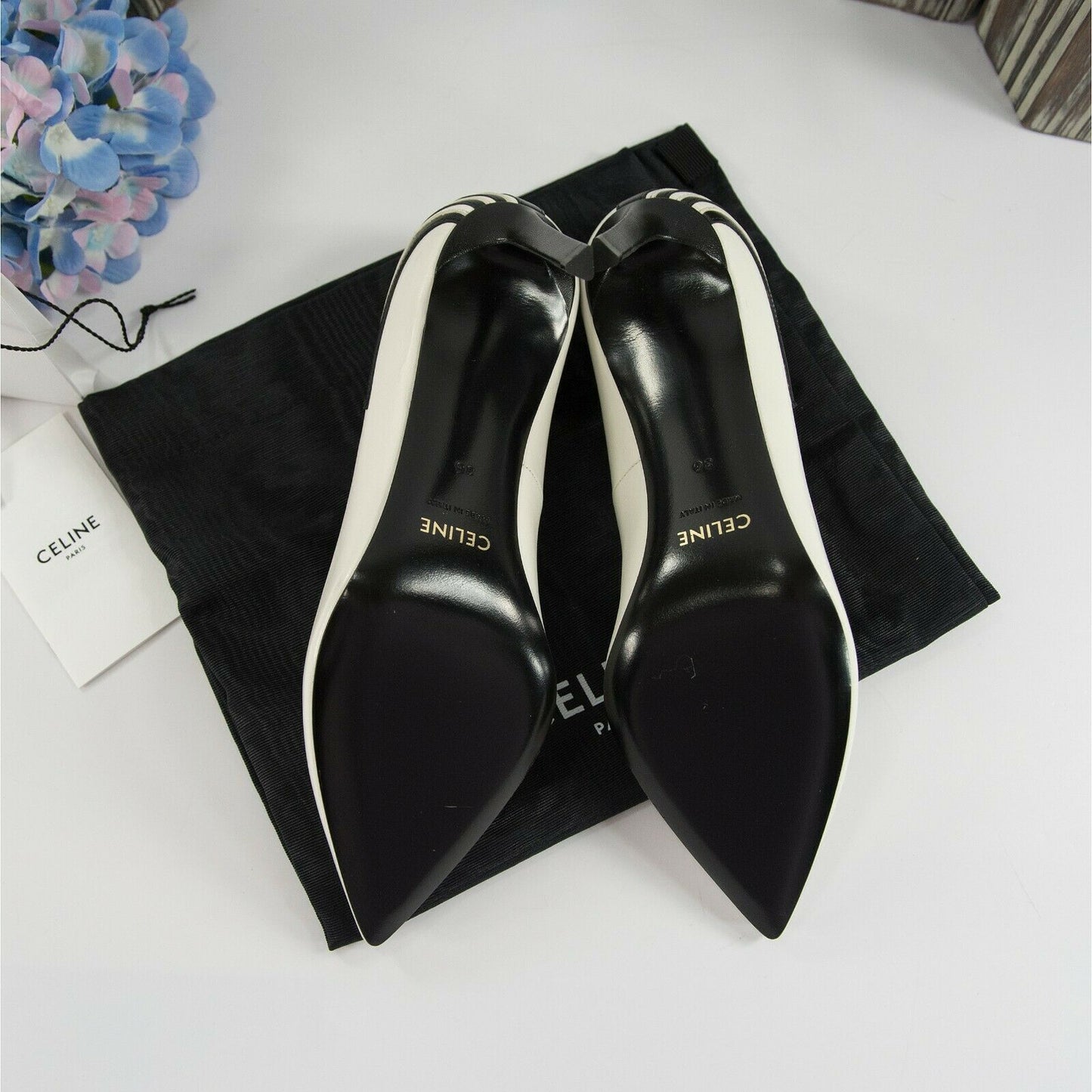 Celine Black White Leather Fan Applique Triangle Heels Size 37 7 NIB